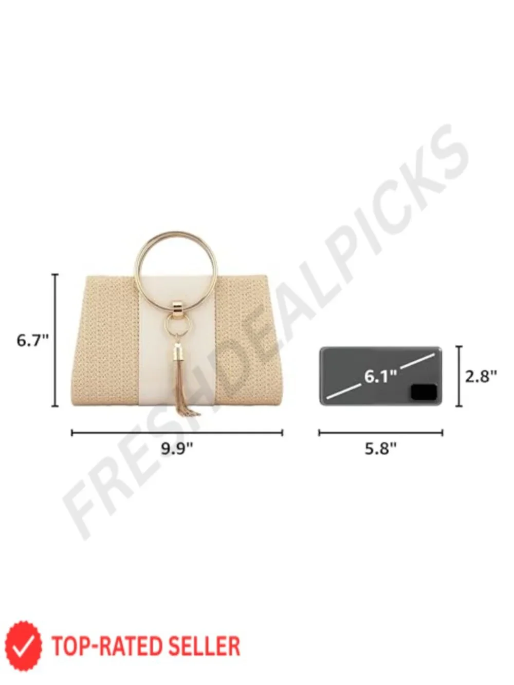 Women's Straw Evening Clutch, Woven Tassel Purse, Ring Handle Party Bag